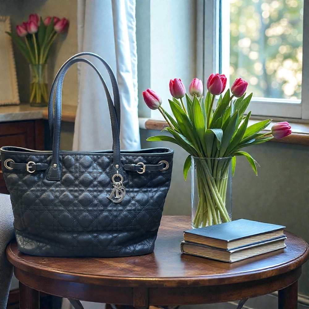 Christian Dior Black Cannage Panarea  Coated Canvas Tote with Silver Hardware